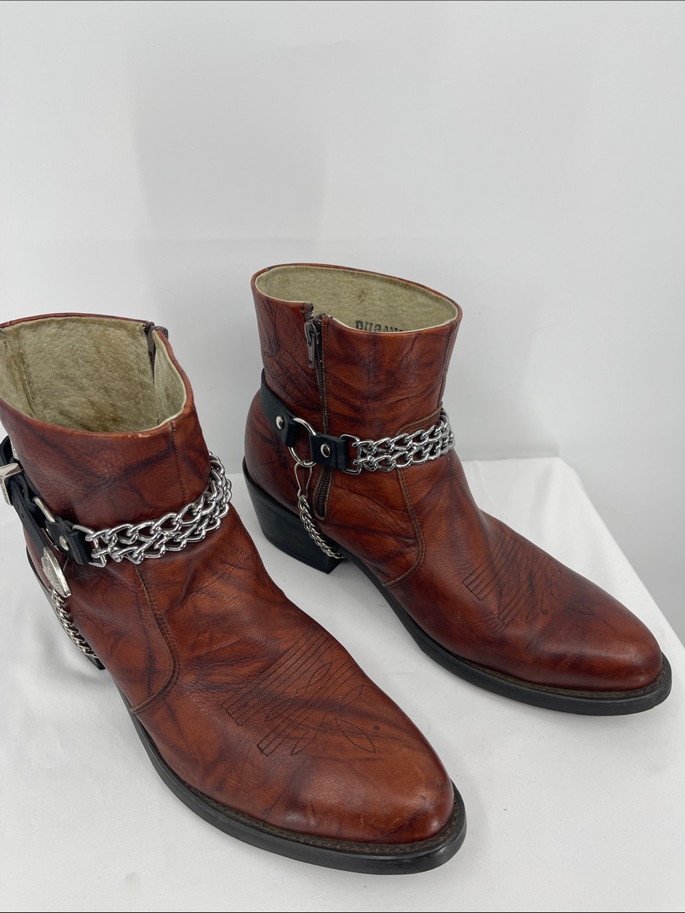 Durango Brown Leather Cowboy Ankle Boots with Silver Chain MENS SIZE 12EE